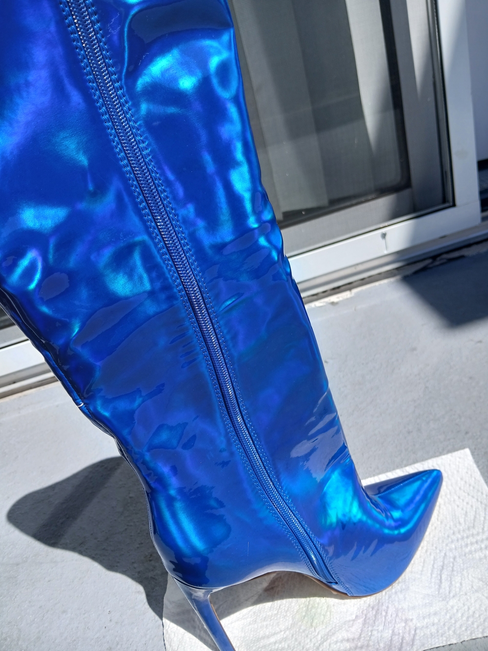 Nova Metallic Electric Blue Knee-High Stiletto Boots - Picture 2 of 10